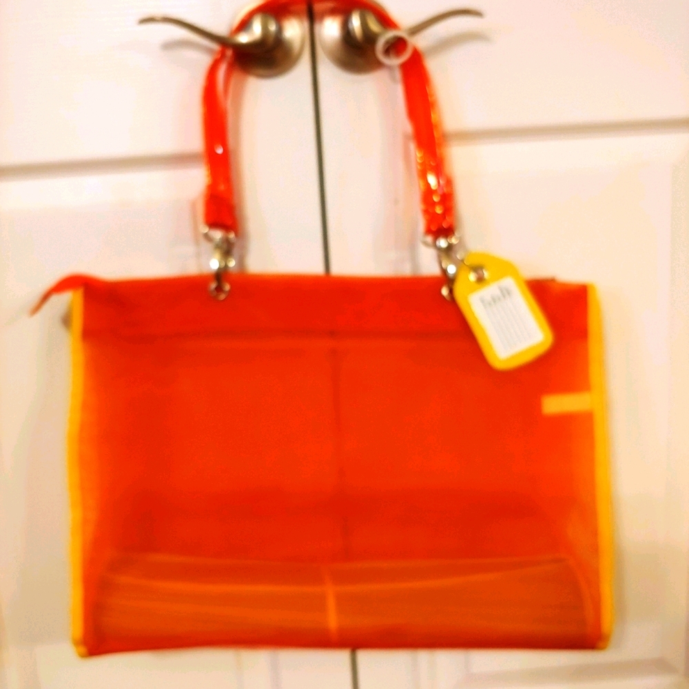 Orange vinyl mesh tote beach bag with rattan mat…